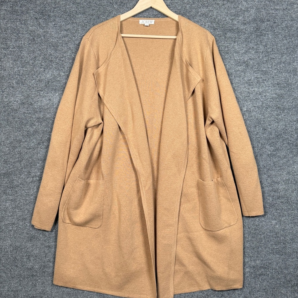 J.Crew Plus Sz 2X Duster Cardigan Tan Knit Cotton Merino Wool Blend Long Capsule